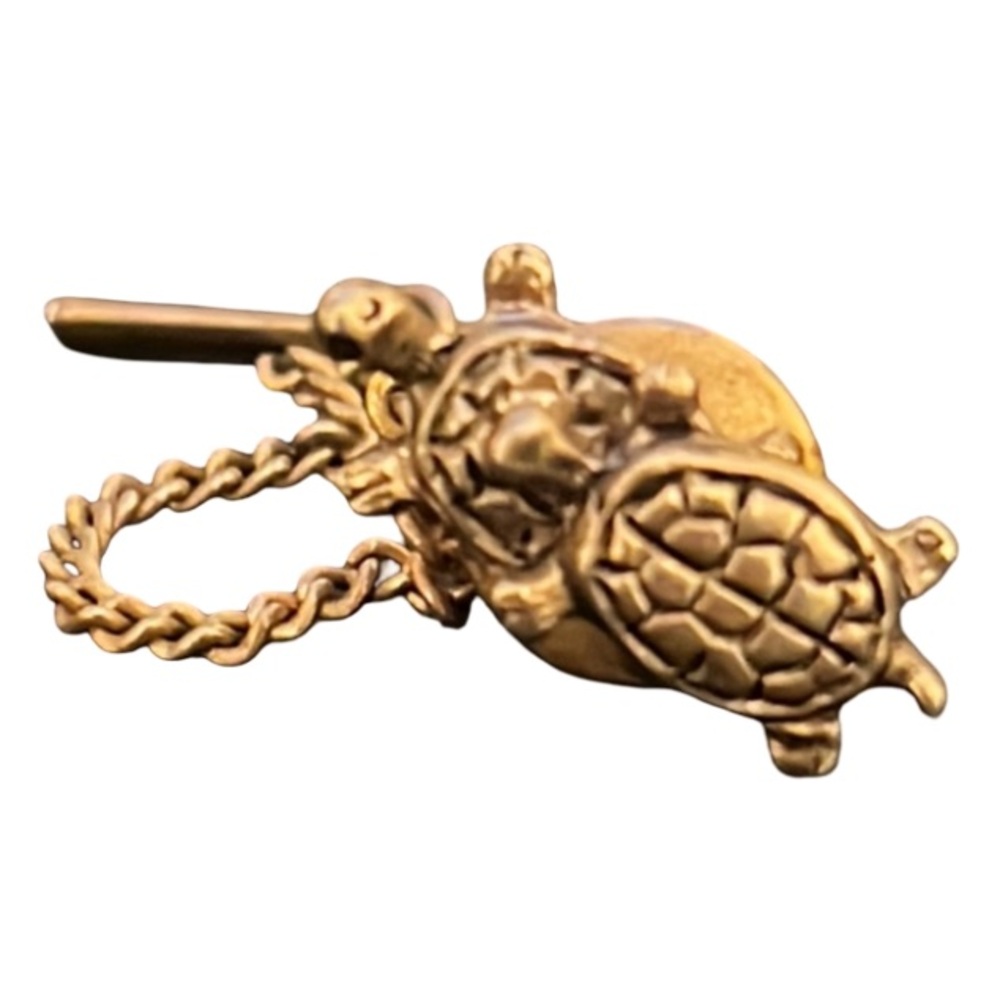 Vintage Whimical Gold Plated Double Chained Turtle Tie Pin Tack Brooch